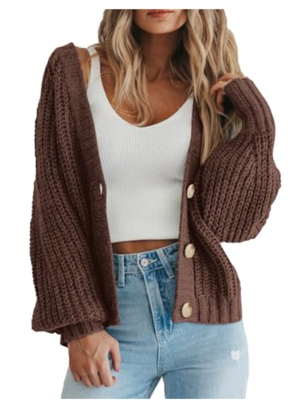 Chunky Knit Open Front Cardigan Long Sleeve Button Loose Short Sweater